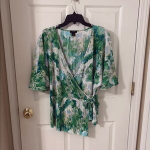 Halogen Green Wrap Blouse with 3/4 Flutter Sleeves